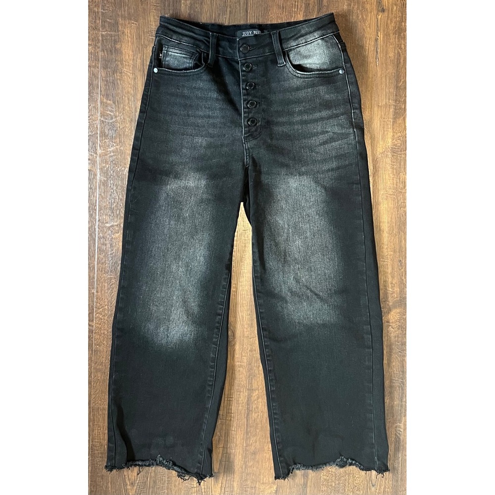 Judy Blue High Waist Wide Crop Jeans Faded Black Button Fly Raw Hem 5/27